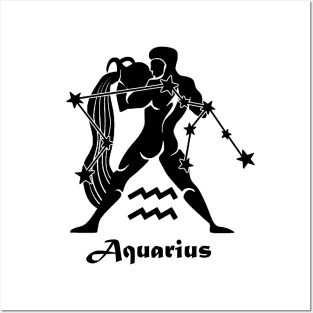 Aquarius - Zodiac Astrology Symbol with Constellation and Water Bearer Design (Black on White Variant) Posters and Art